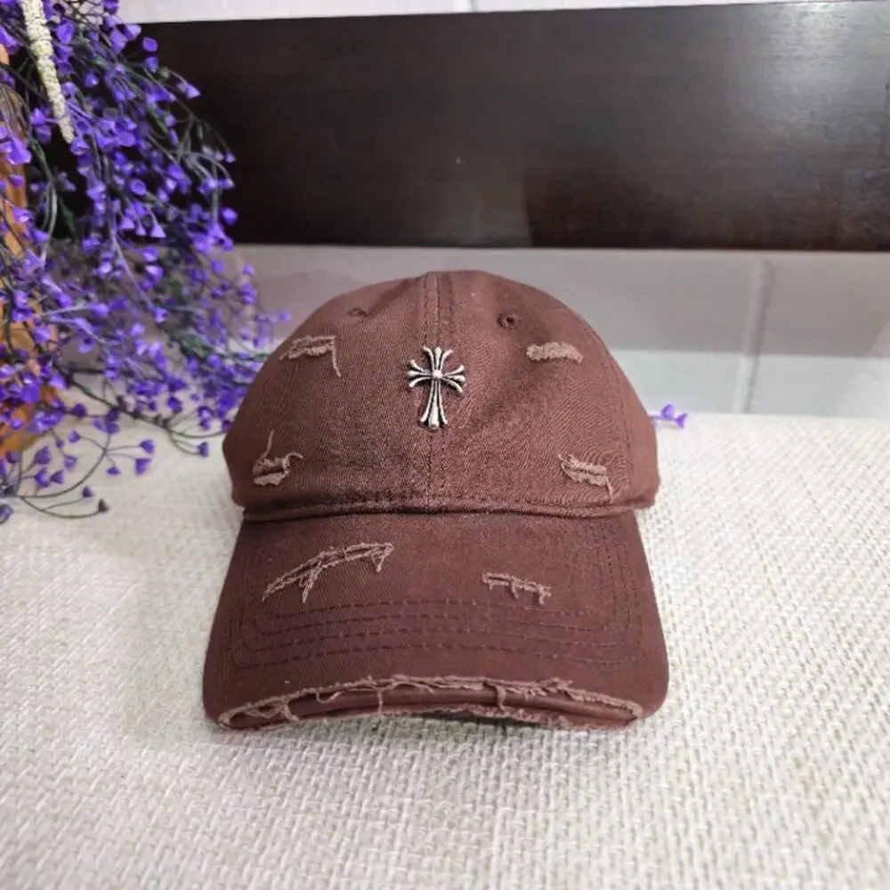 Distressed Cross Charm Dad Hat -- Brown/Silver -- OS -- Good Condition